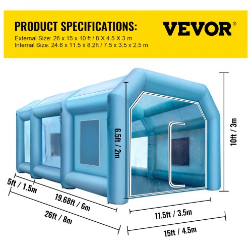 VEVOR Inflatable Tent 26x15x10Ft Inflatable Spray Booth Tent Inflatable Paint Booth Tent Car Paint Booth Giant Workstation 210D Oxford Fabric with 2 Blowers