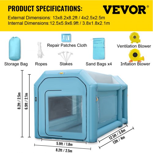 VEVOR Portable Inflatable Paint Booth, 13 x 8 x 8ft Inflatable Spray Booth, Car Paint Tent w/ Air Filter System & 2 Blowers, Upgraded Blow Up Spray Booth Tent, Auto Paint Workstation Motorcycle Garage