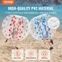VEVOR inflatable bumper balls on a beach, made from thick 0.8mm pvc, featuring non-toxic, wear resistant, and odorless qualities.