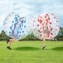 two people playing inside VEVOR inflatable bumper balls on a grassy field with blue and red accents.