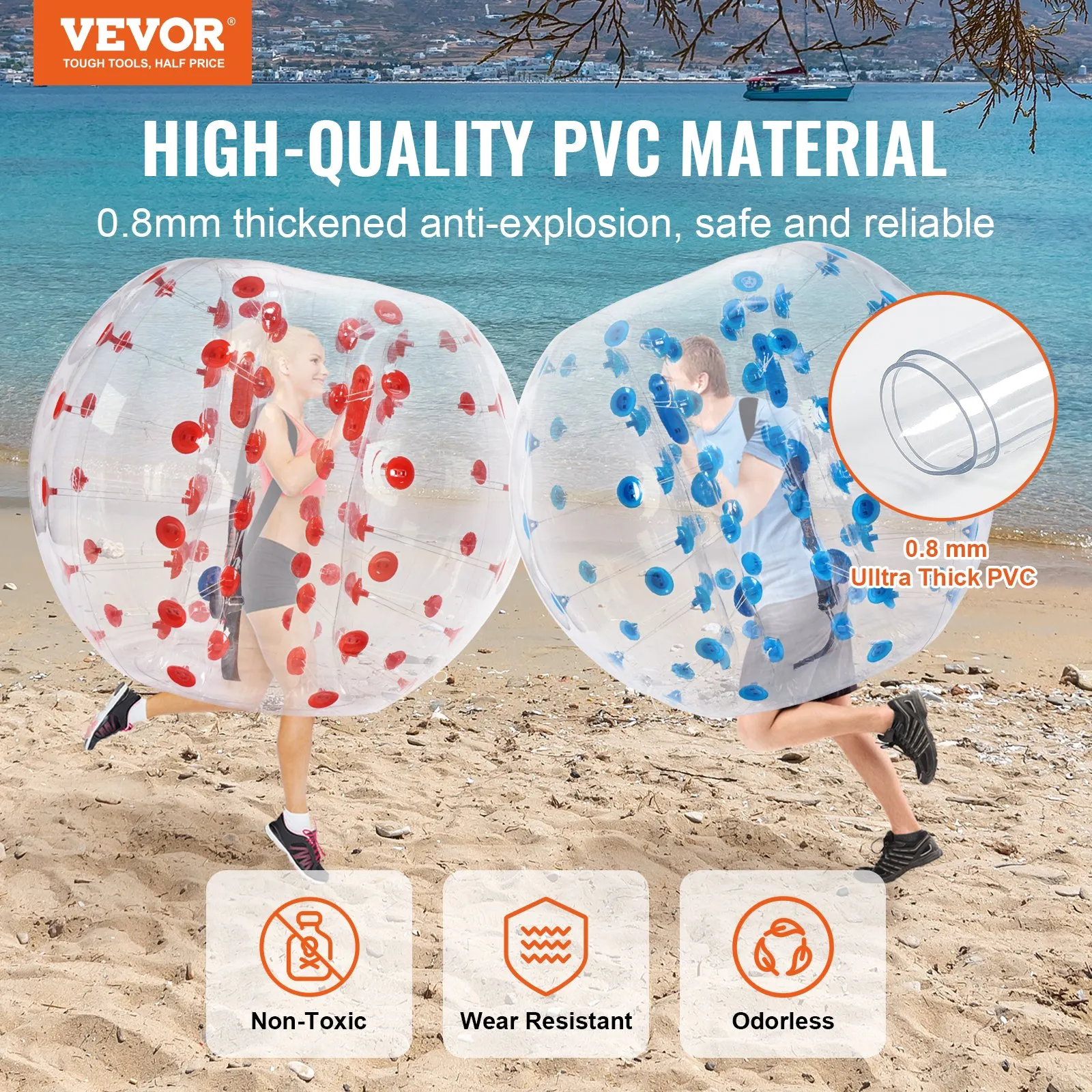 VEVOR inflatable bumper balls on a beach, made from thick 0.8mm pvc, featuring non-toxic, wear resistant, and odorless qualities.