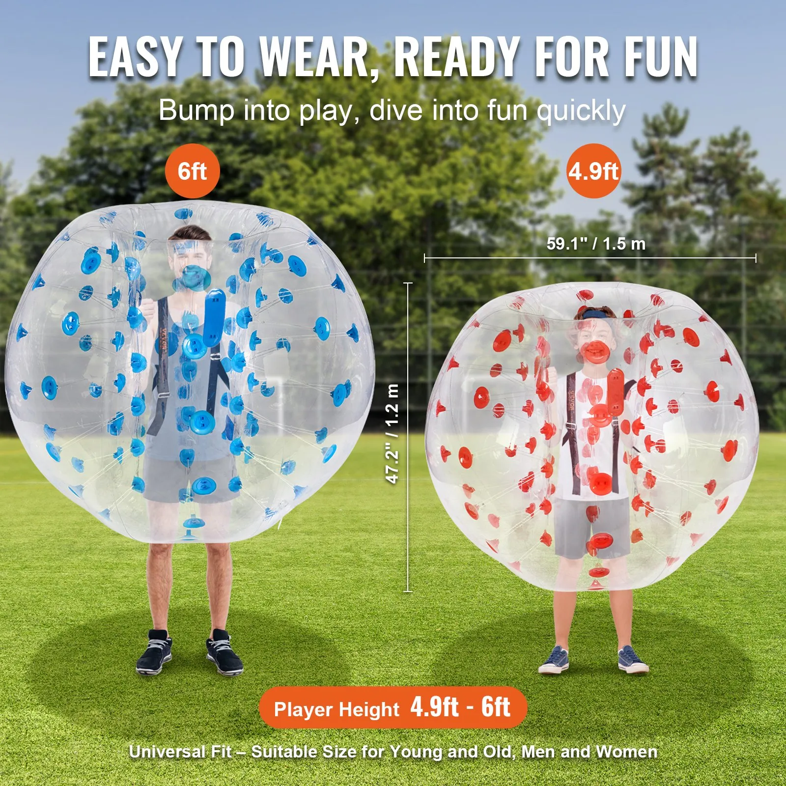 easy to wear VEVOR inflatable bumper balls, great for outdoor fun and suitable for all ages and heights.