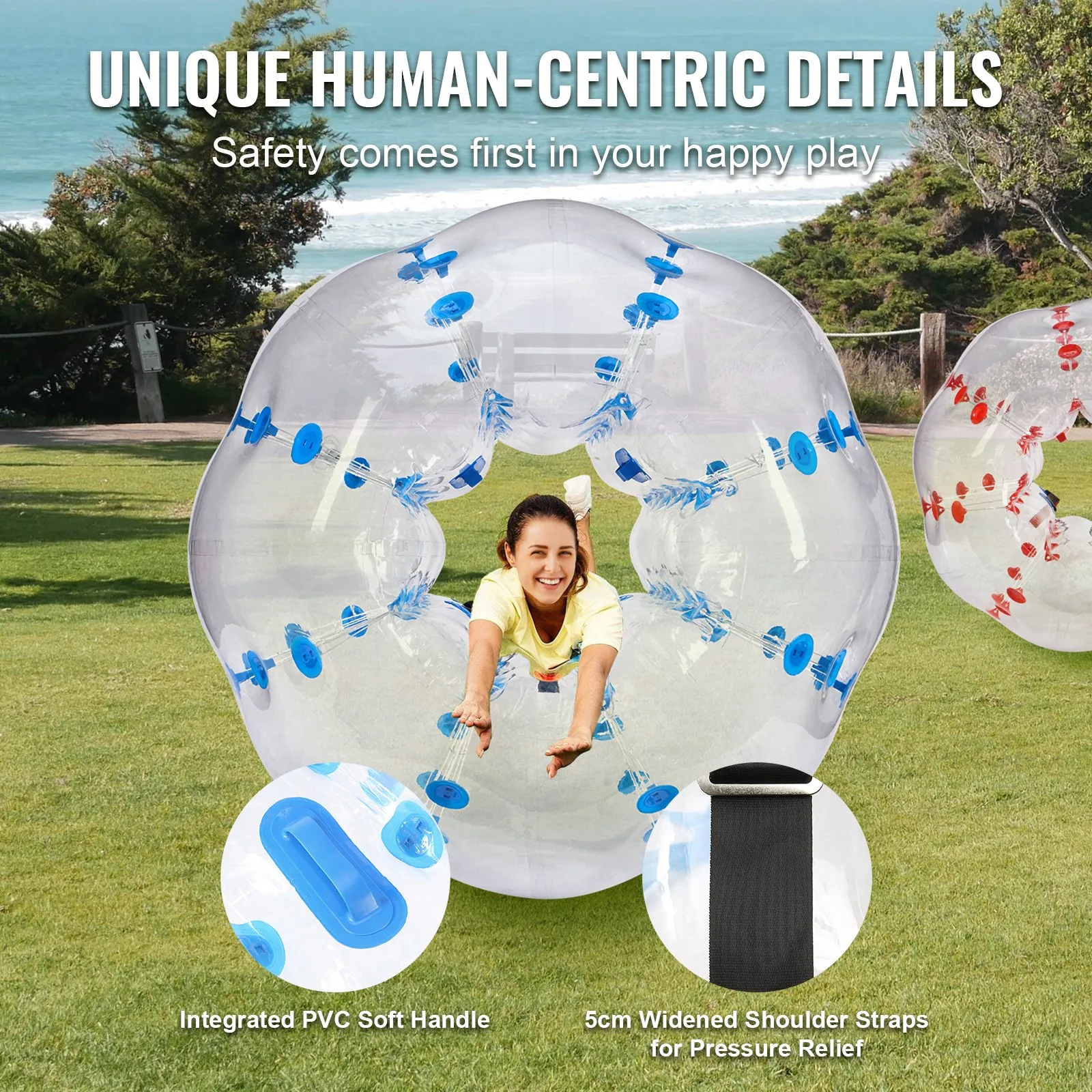 child playing inside VEVOR inflatable bumper ball with pvc handle and widened shoulder straps on green field.