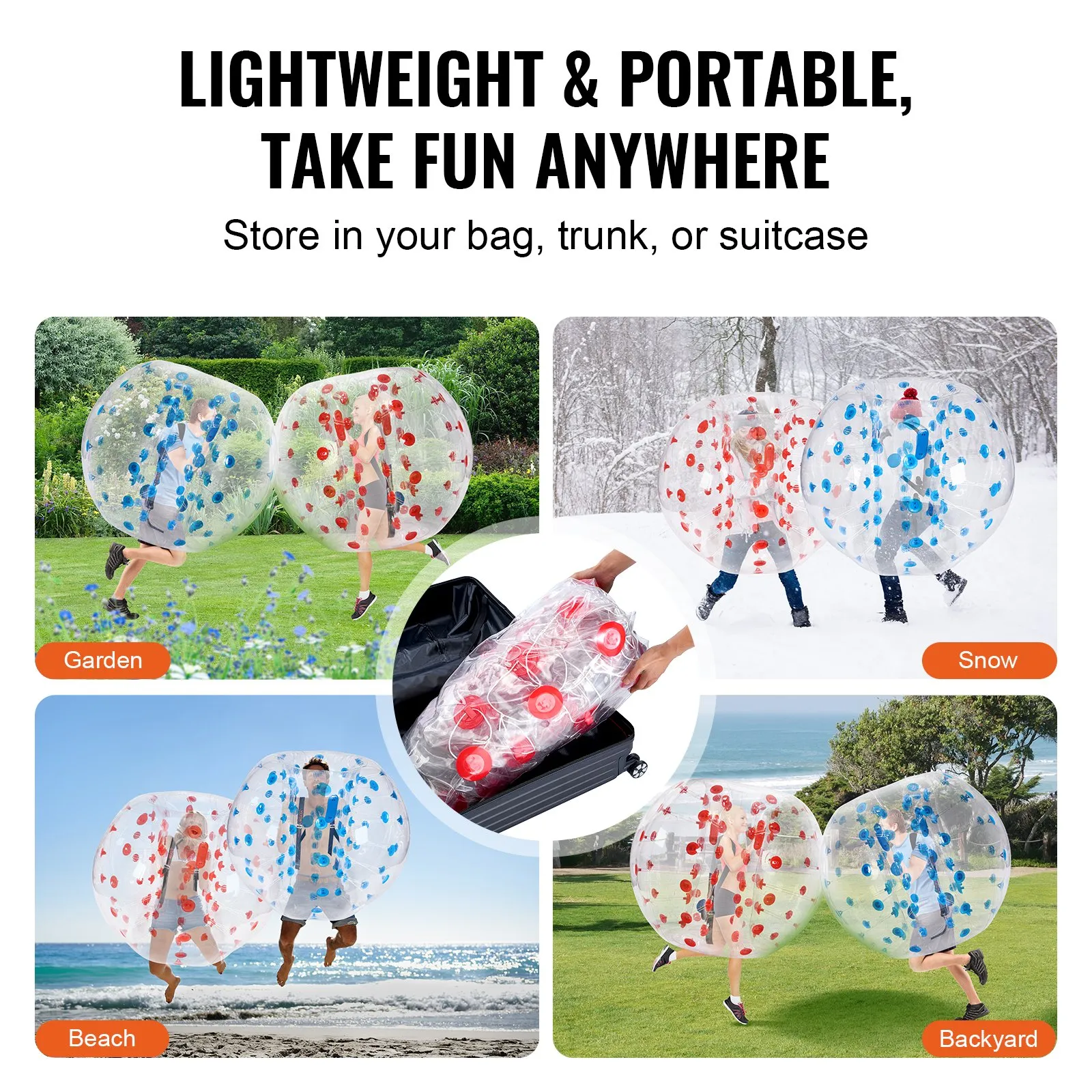 VEVOR inflatable bumper balls in garden, snow, beach, backyard; lightweight and portable for any activity.