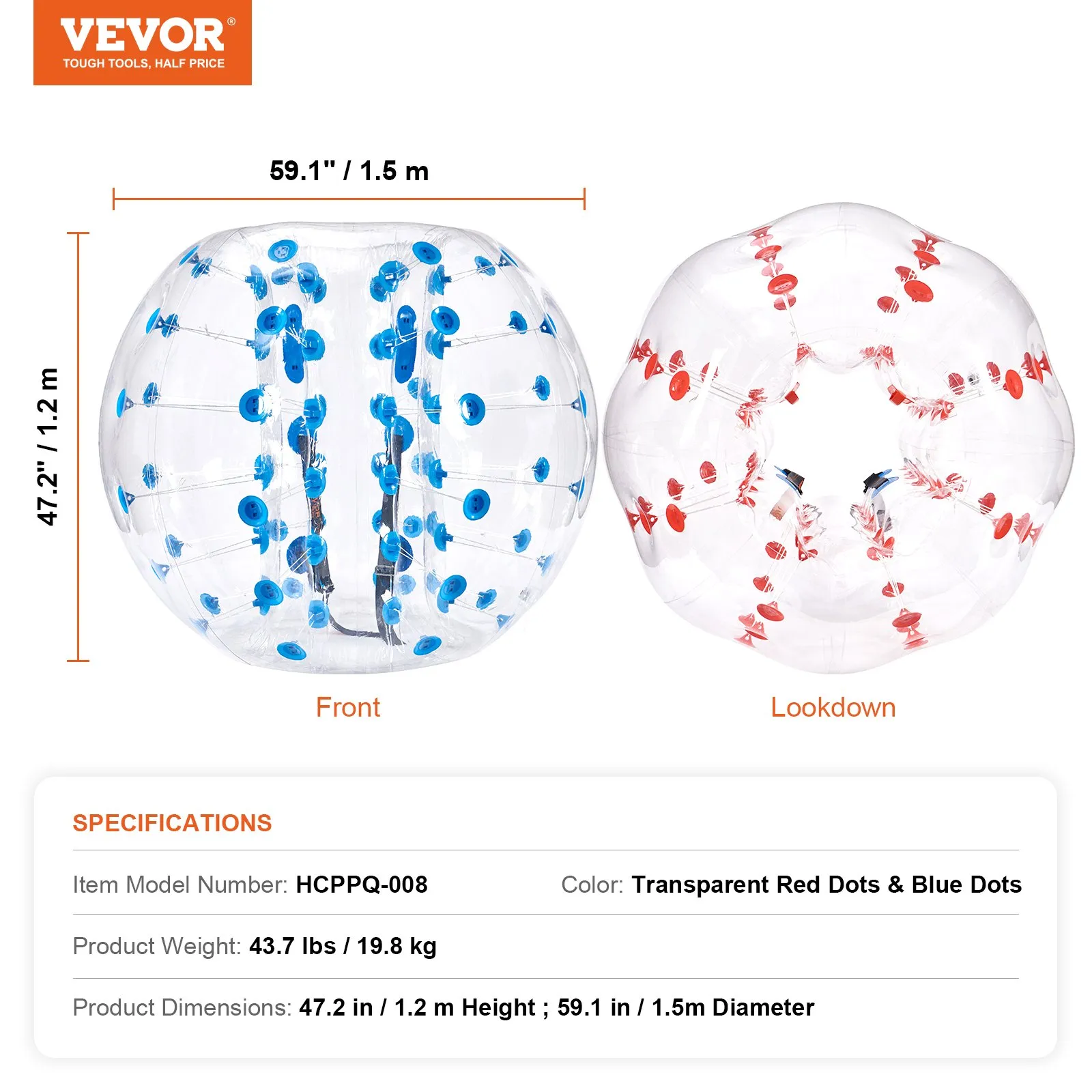 VEVOR inflatable bumper balls, transparent with red and blue dots, 47.2 in height, 59.1 in diameter.