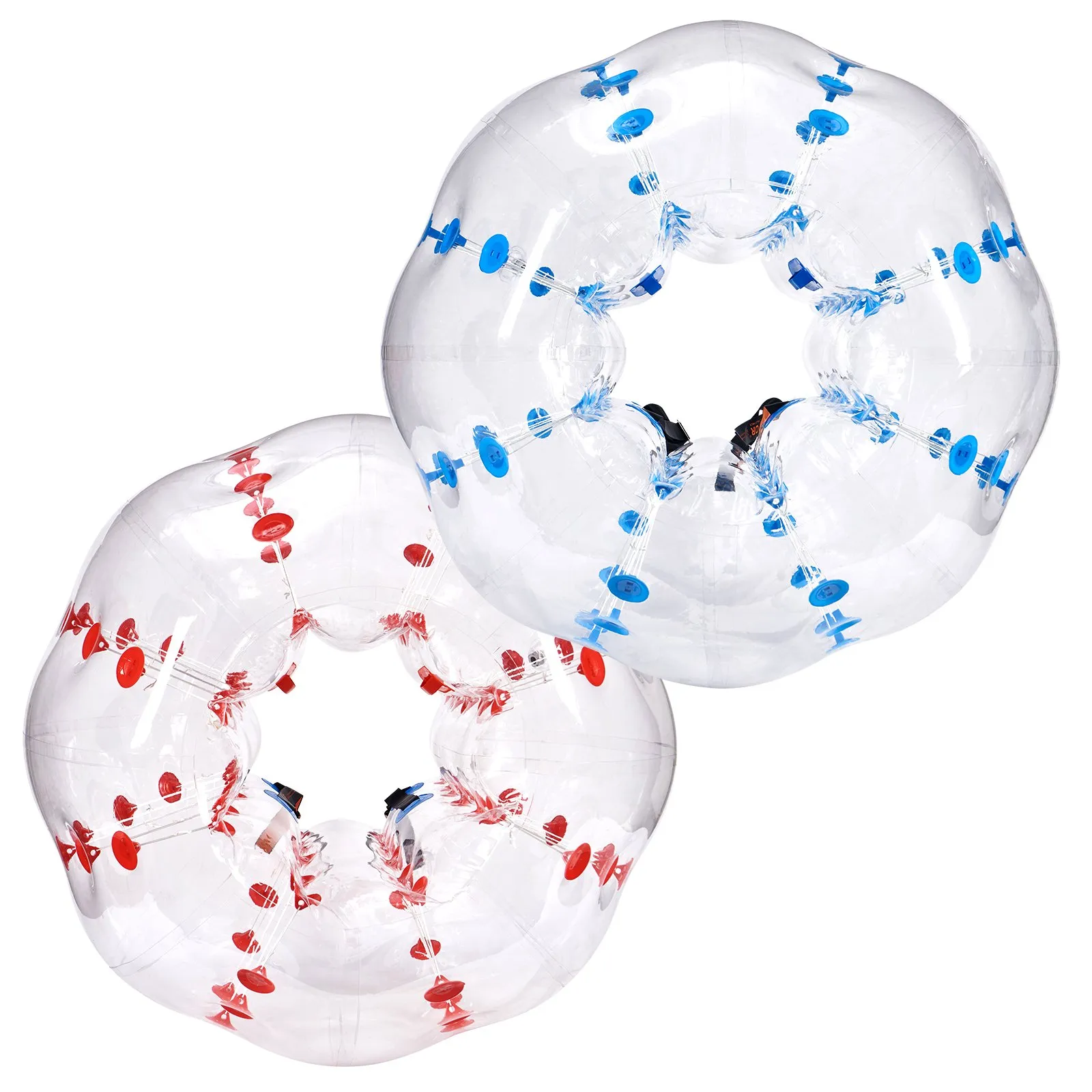 transparent VEVOR inflatable bumper balls with blue and red handles and valve details.