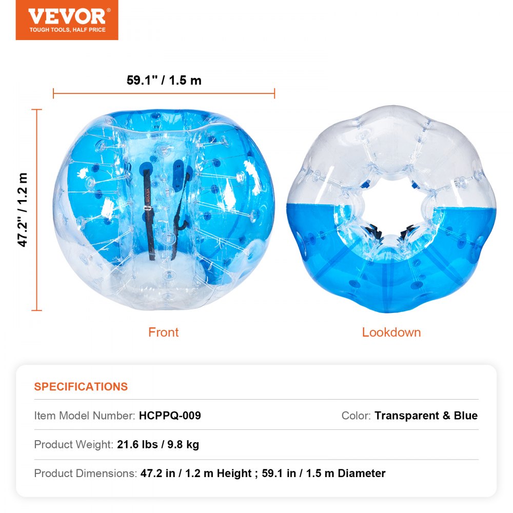 VEVOR Inflatable Bumper Ball 1-Pack, 5FT/1.5M Body Sumo Zorb Balls for Teen & Adult, 0.8mm Thick PVC Human Hamster Bubble Balls for Outdoor Team Gaming Play, Bumper Bopper Toys for Garden, Yard, Park