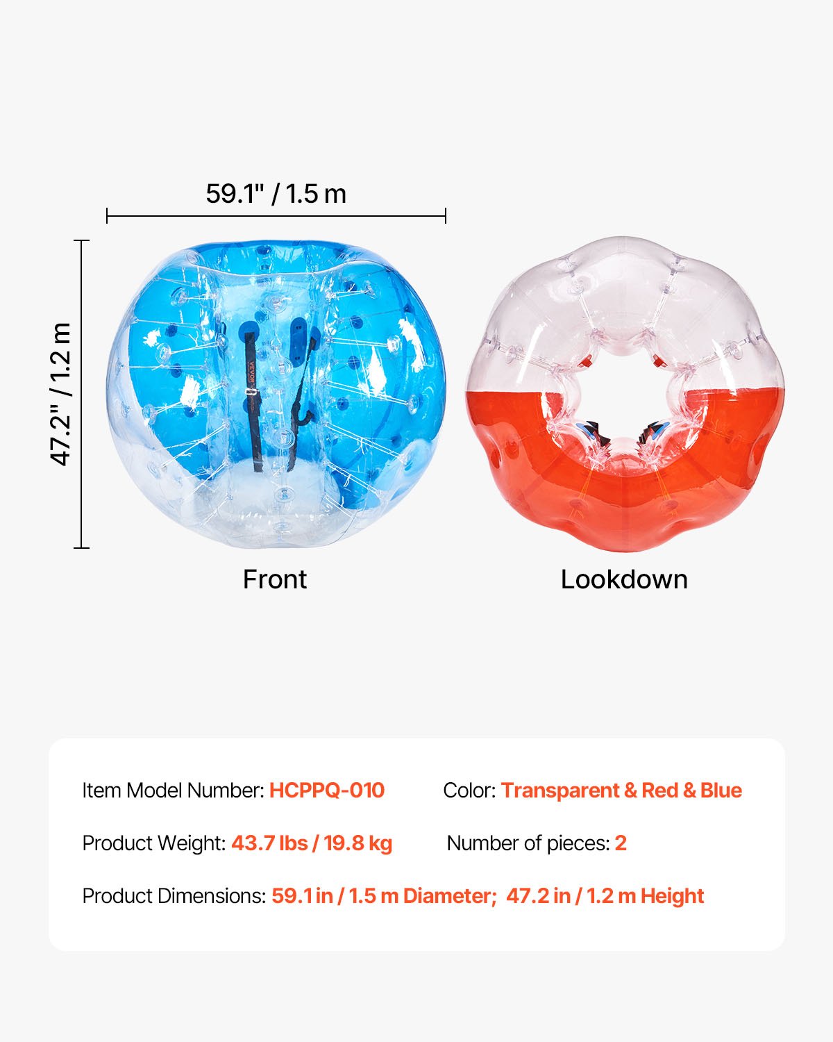 VEVOR Inflatable Bumper Balls 2-Pack, 5FT/1.5M Body Sumo Zorb Balls for Teen & Adult, 0.8mm Thick PVC Human Hamster Bubble Balls for Outdoor Team Gaming Play, Bumper Bopper Toys for Garden, Yard, Park