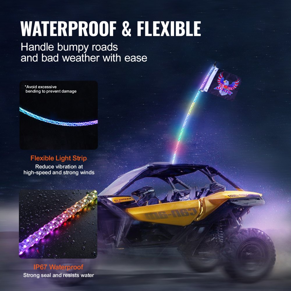 VEVOR 1 PC 3 FT Whip Light, APP & RF Remote Control Led Whip Light, Waterproof 360°Spiral RGB Chasing Lighted Whips with 2 Flags, for UTVs, ATVs, Motorcycles, RZR, Can-am, Trucks, Off-road, Go-karts