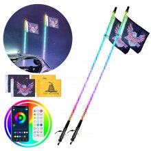 VEVOR 2 PCS 3 FT Whip Light, APP & RF Remote Control Led Whip Light, Waterproof 360° Spiral RGB Chasing Lighted Whips with 4 Flags, for UTVs, ATVs, Motorcycles, RZR, Can-am, Trucks, Off-road, Go-karts