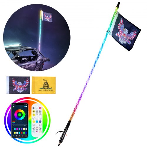 VEVOR 1 PC 4 FT Whip Light, APP & RF Remote Control Led Whip Light, Waterproof 360° Spiral RGB Chasing Lighted Whips with 2 Flags, for UTVs, ATVs, Motorcycles, RZR, Can-am, Trucks, Off-road, Go-karts