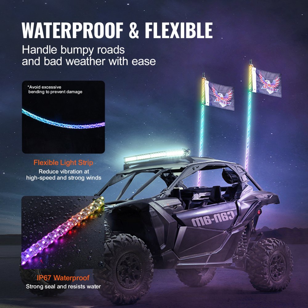 VEVOR LED Whip Light 2PCS 4FT RGB Espiral Antena Luz Remota App ATV UTV RZR