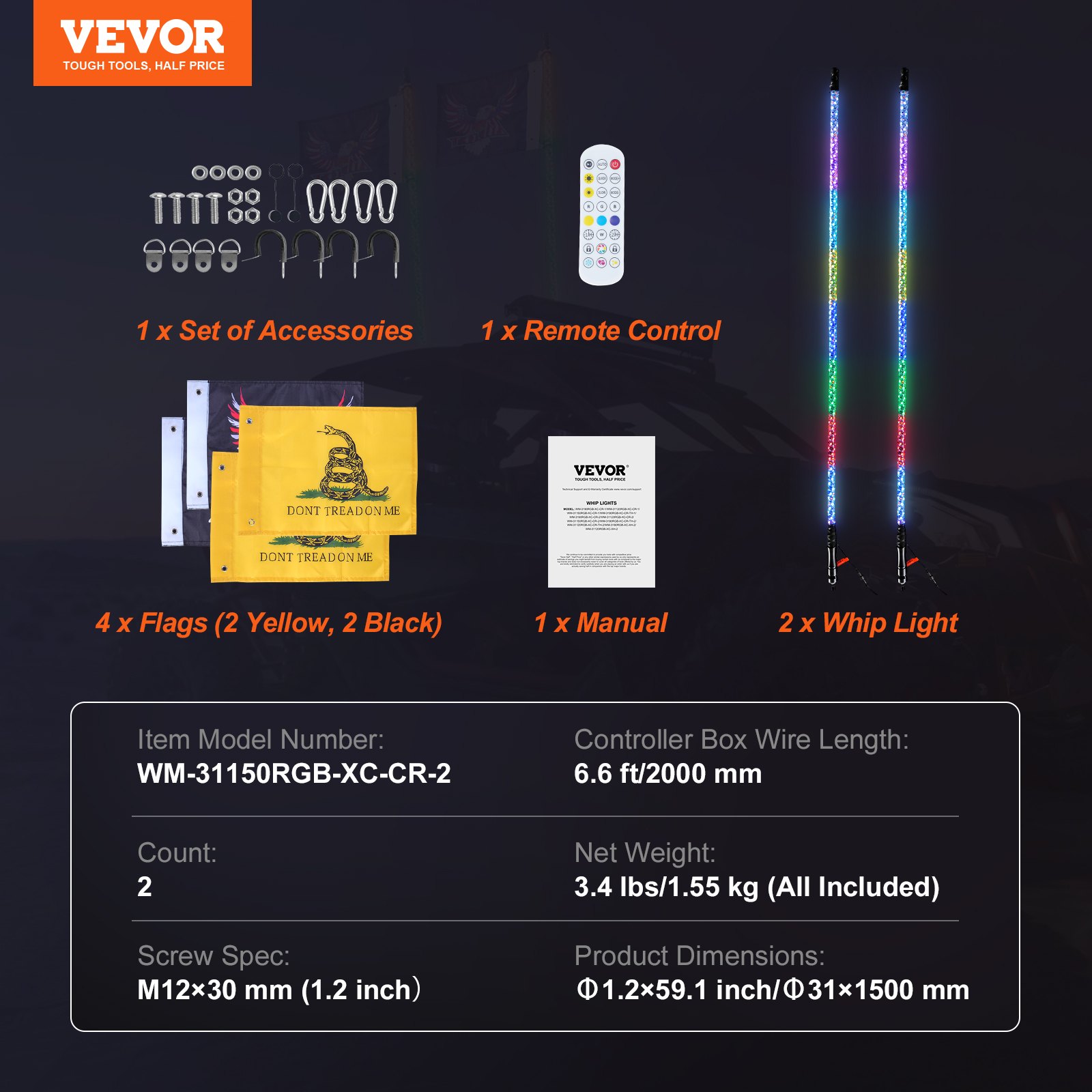 VEVOR 2 buc. Lampă bici LED de 1,5 m, cu telecomandă prin aplicație și RF, impermeabilă, spirală, iluminată RGB, cu 4 steaguri, pentru UTV-uri, ATV-uri, motociclete, RZR, Can-am, camioane, off-road, karturi