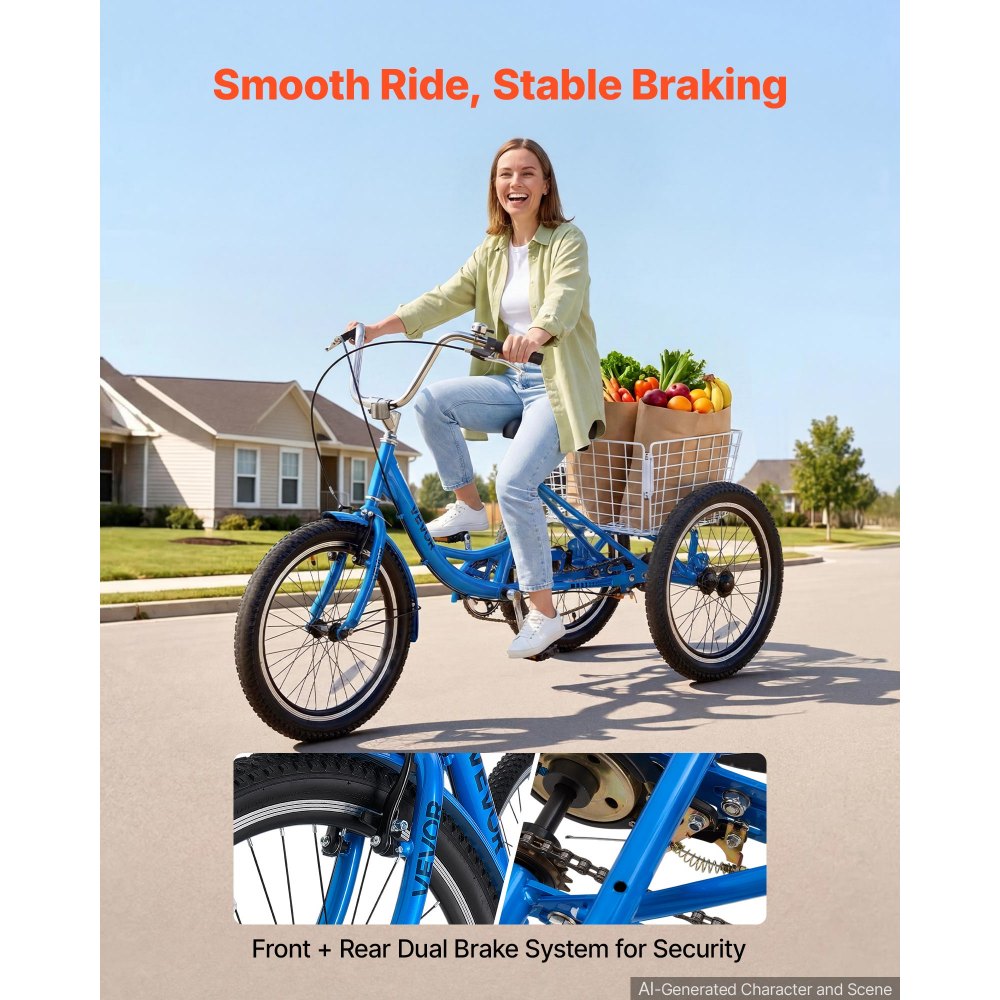 VEVOR Adult Tricycle 20 inch Trike for Adult 3 Wheel Cruiser Bike, with Cargo Basket, Adjustable Seat, and Double-Wall Wheel Rims, Carbon Steel Shopping Picnic Tricycles for Women, Men, Seniors