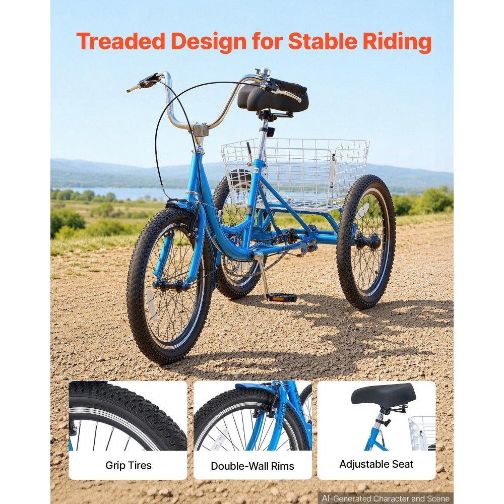 VEVOR Adult Tricycle 20 inch Trike for Adult 3 Wheel Cruiser Bike, with Cargo Basket, Adjustable Seat, and Double-Wall Wheel Rims, Carbon Steel Shopping Picnic Tricycles for Women, Men, Seniors
