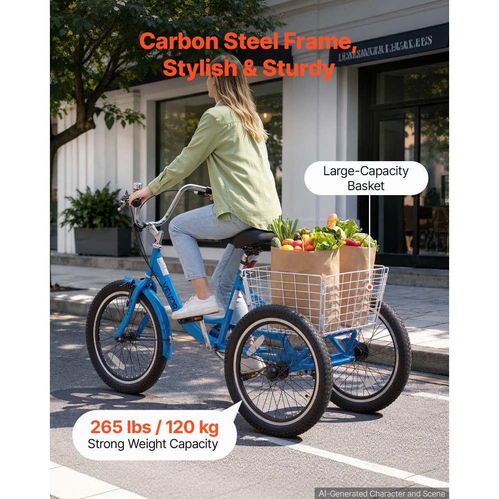 VEVOR Adult Tricycle 20 inch Trike for Adult 3 Wheel Cruiser Bike, with Cargo Basket, Adjustable Seat, and Double-Wall Wheel Rims, Carbon Steel Shopping Picnic Tricycles for Women, Men, Seniors