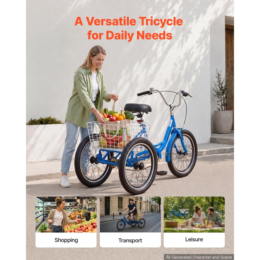 VEVOR Adult Tricycle 20 inch Trike for Adult 3 Wheel Cruiser Bike, with Cargo Basket, Adjustable Seat, and Double-Wall Wheel Rims, Carbon Steel Shopping Picnic Tricycles for Women, Men, Seniors
