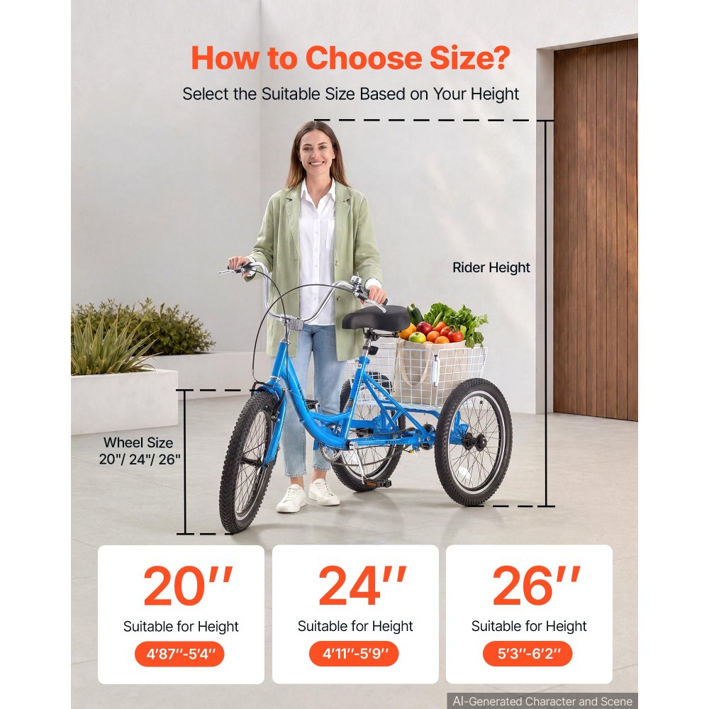 VEVOR Adult Tricycle 20 inch Trike for Adult 3 Wheel Cruiser Bike, with Cargo Basket, Adjustable Seat, and Double-Wall Wheel Rims, Carbon Steel Shopping Picnic Tricycles for Women, Men, Seniors