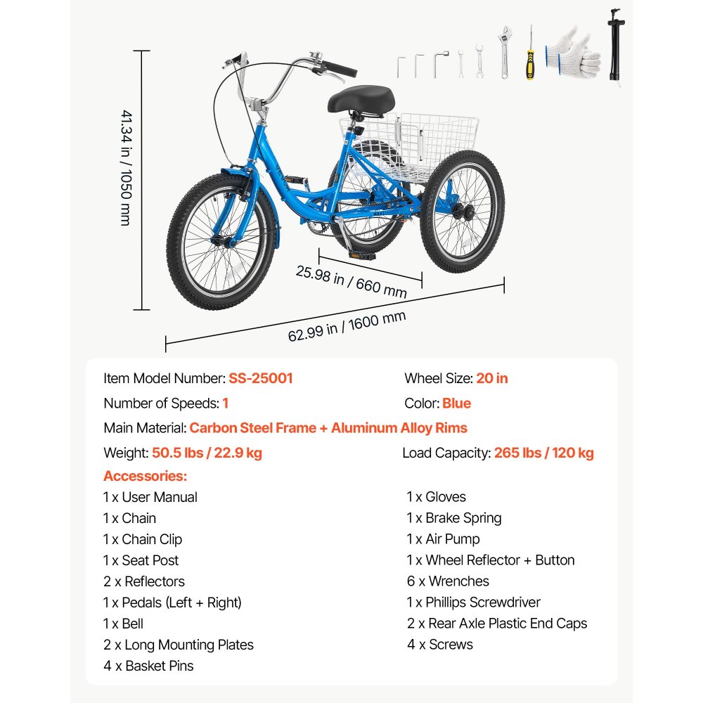 VEVOR Adult Tricycle 20 inch Trike for Adult 3 Wheel Cruiser Bike, with Cargo Basket, Adjustable Seat, and Double-Wall Wheel Rims, Carbon Steel Shopping Picnic Tricycles for Women, Men, Seniors