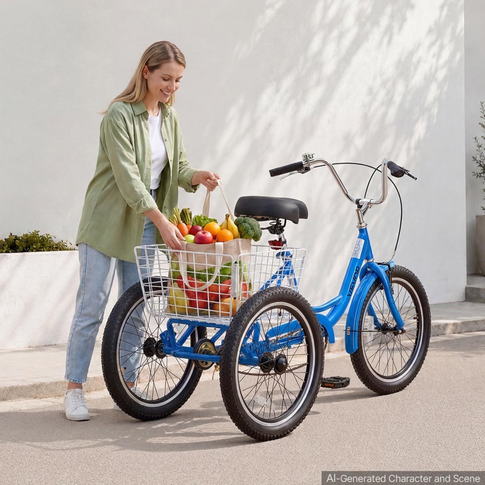 VEVOR Adult Tricycle 20 inch Trike for Adult 3 Wheel Cruiser Bike, with Cargo Basket, Adjustable Seat, and Double-Wall Wheel Rims, Carbon Steel Shopping Picnic Tricycles for Women, Men, Seniors