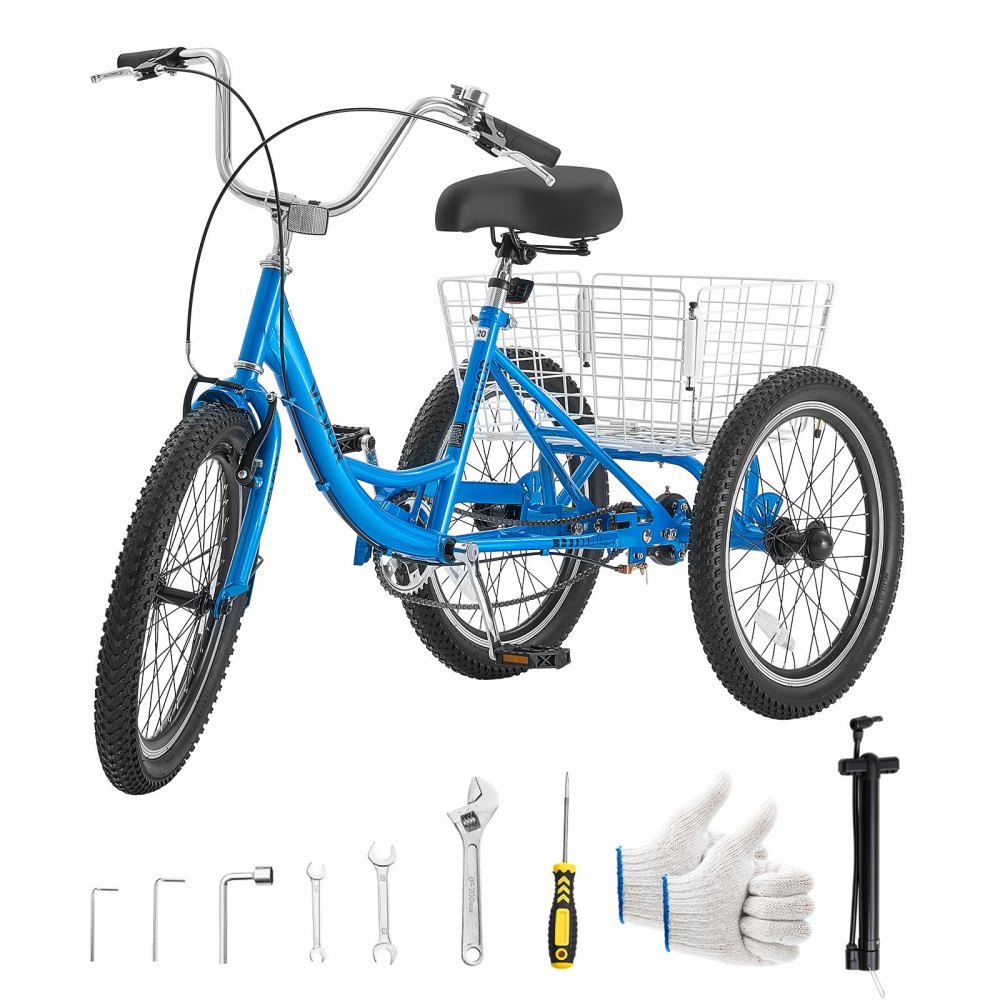 VEVOR Adult Tricycle 20 inch Trike for Adult 3 Wheel Cruiser Bike, with Cargo Basket, Adjustable Seat, and Double-Wall Wheel Rims, Carbon Steel Shopping Picnic Tricycles for Women, Men, Seniors
