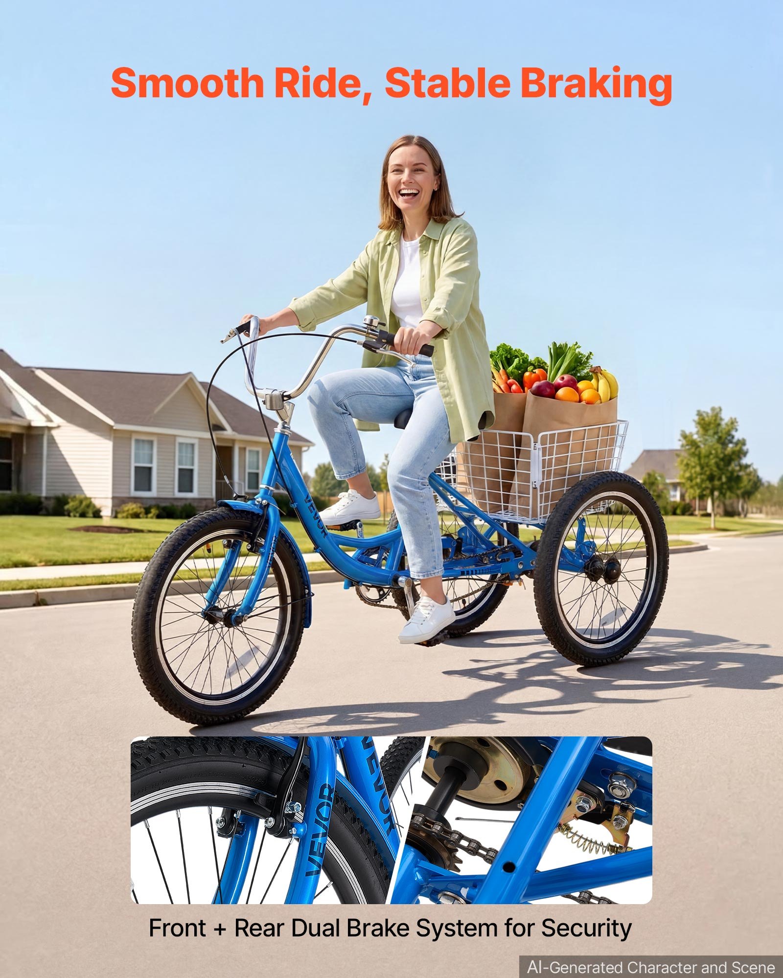 VEVOR Adult Tricycle 20 inch Trike for Adult 3 Wheel Cruiser Bike, with Cargo Basket, Adjustable Seat, and Double-Wall Wheel Rims, Carbon Steel Shopping Picnic Tricycles for Women, Men, Seniors