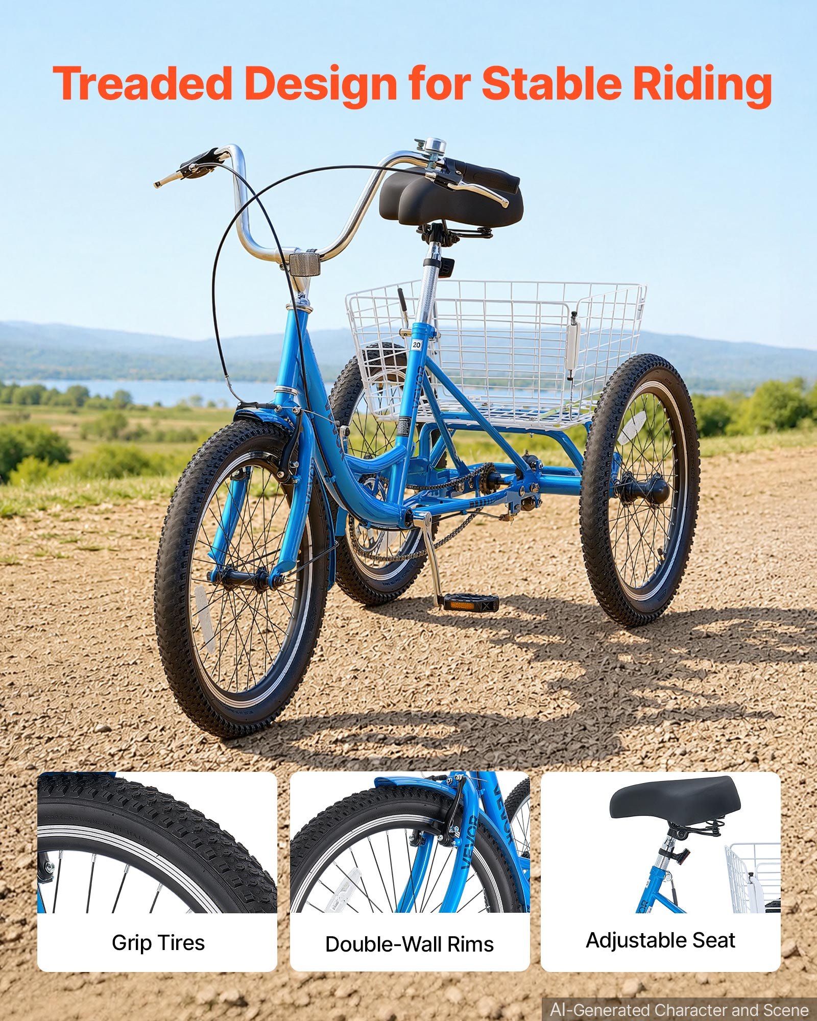 VEVOR Adult Tricycle 20 inch Trike for Adult 3 Wheel Cruiser Bike, with Cargo Basket, Adjustable Seat, and Double-Wall Wheel Rims, Carbon Steel Shopping Picnic Tricycles for Women, Men, Seniors