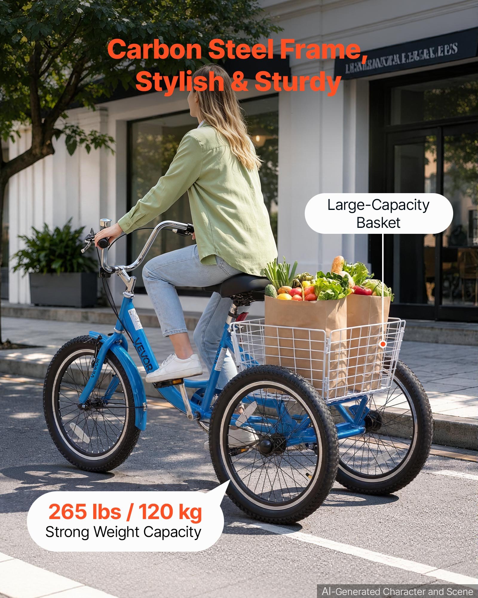 VEVOR Adult Tricycle 20 inch Trike for Adult 3 Wheel Cruiser Bike, with Cargo Basket, Adjustable Seat, and Double-Wall Wheel Rims, Carbon Steel Shopping Picnic Tricycles for Women, Men, Seniors