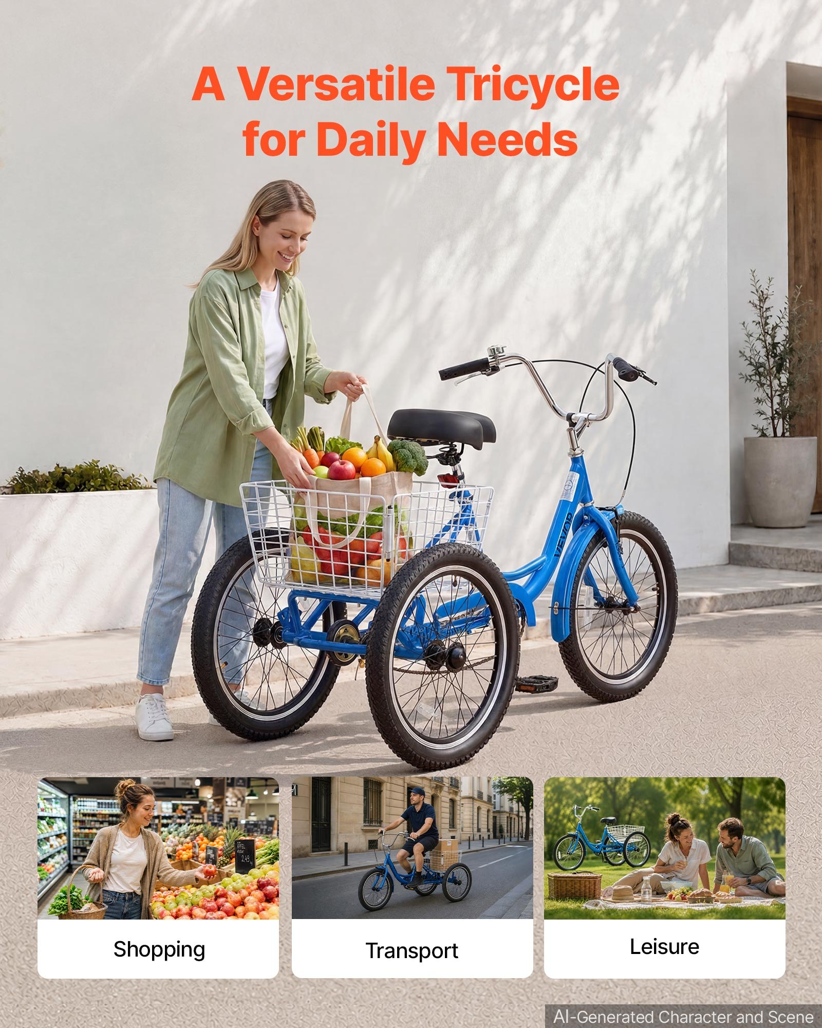 VEVOR Adult Tricycle 20 inch Trike for Adult 3 Wheel Cruiser Bike, with Cargo Basket, Adjustable Seat, and Double-Wall Wheel Rims, Carbon Steel Shopping Picnic Tricycles for Women, Men, Seniors