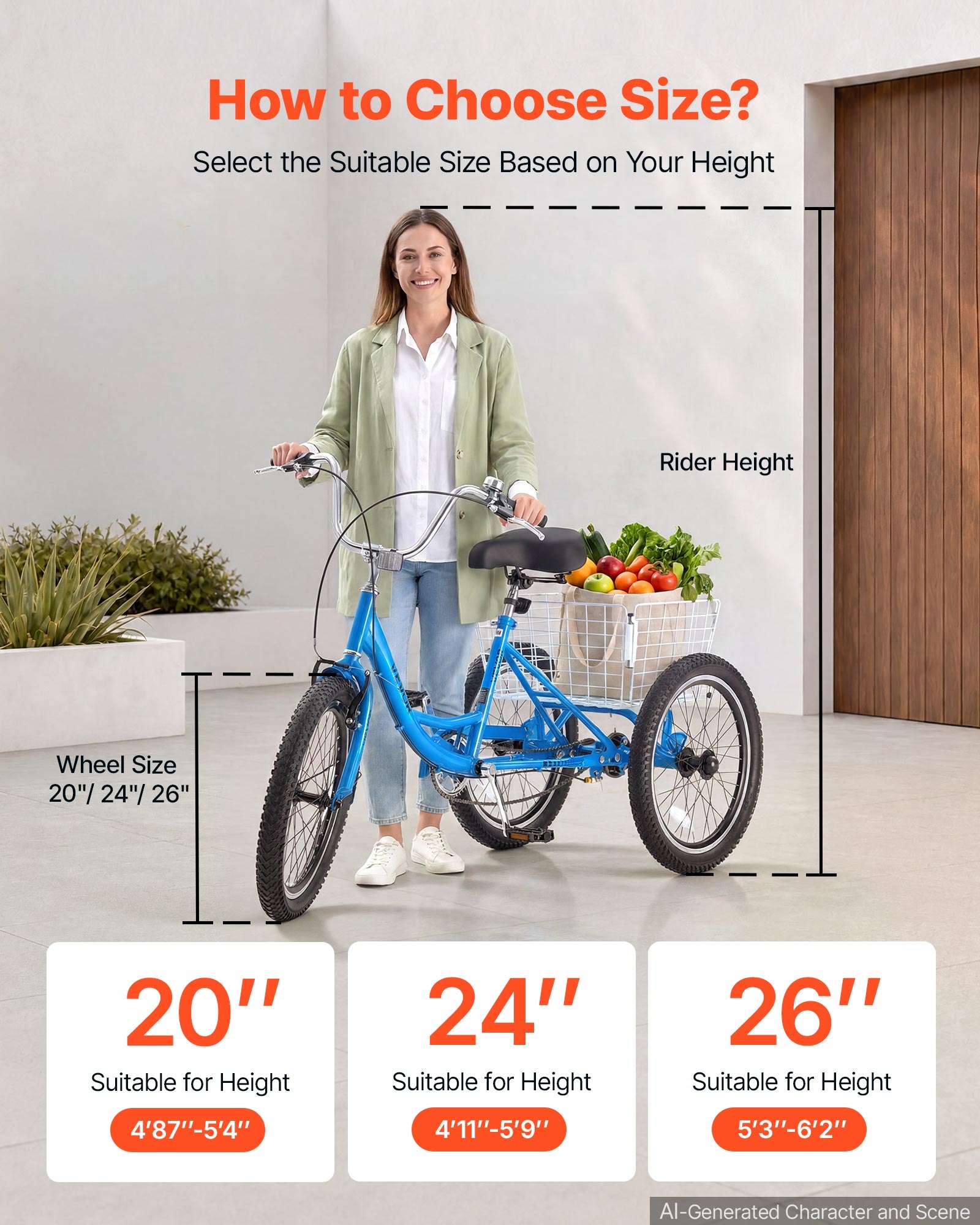 VEVOR Adult Tricycle 20 inch Trike for Adult 3 Wheel Cruiser Bike, with Cargo Basket, Adjustable Seat, and Double-Wall Wheel Rims, Carbon Steel Shopping Picnic Tricycles for Women, Men, Seniors