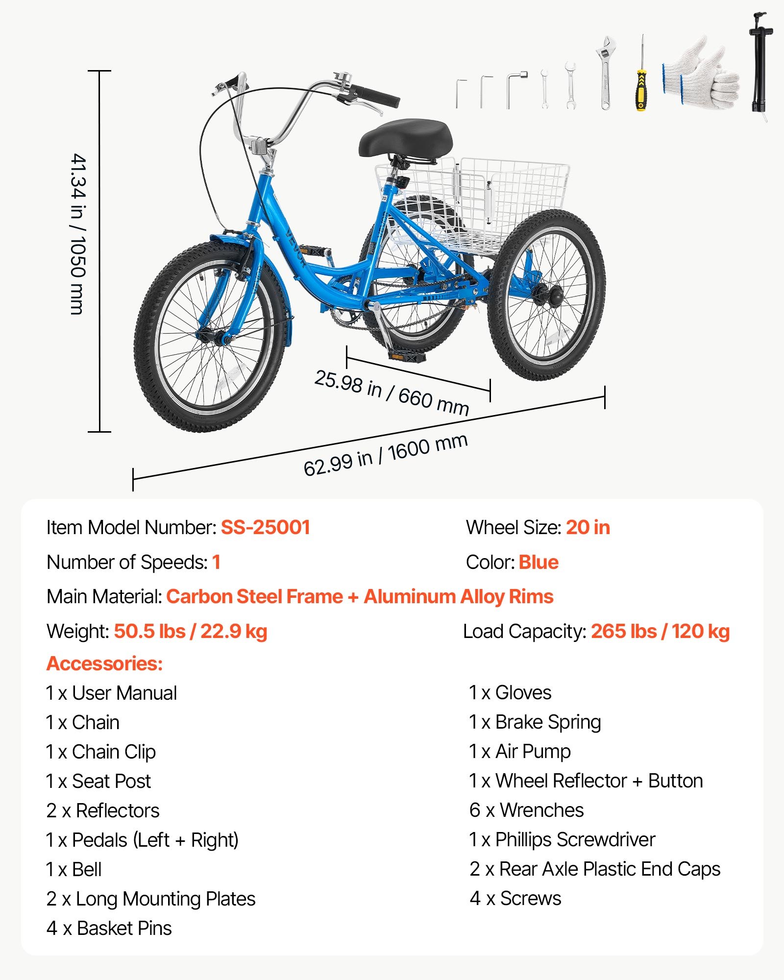 VEVOR Adult Tricycle 20 inch Trike for Adult 3 Wheel Cruiser Bike, with Cargo Basket, Adjustable Seat, and Double-Wall Wheel Rims, Carbon Steel Shopping Picnic Tricycles for Women, Men, Seniors