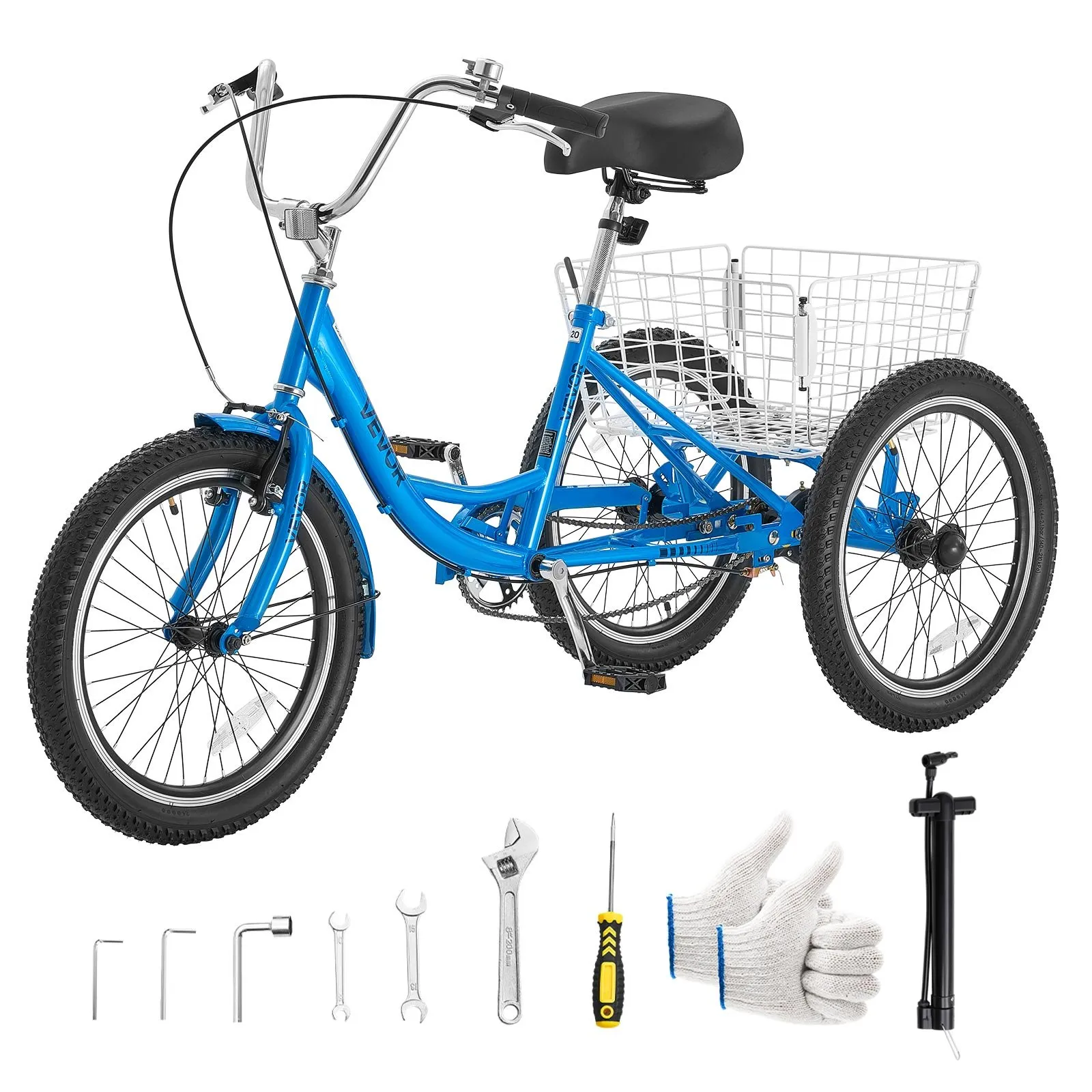 VEVOR Adult Tricycle 20 inch Trike for Adult 3 Wheel Cruiser Bike, with Cargo Basket, Adjustable Seat, and Double-Wall Wheel Rims, Carbon Steel Shopping Picnic Tricycles for Women, Men, Seniors
