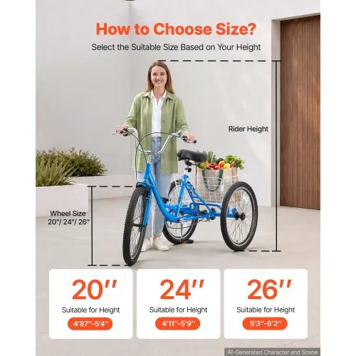 KumuJ Tricycle Adulte 24 Pouces 6 Vitesses – Panier 44 Lbs, Siège Rembourré – Vélo Ville Confortable