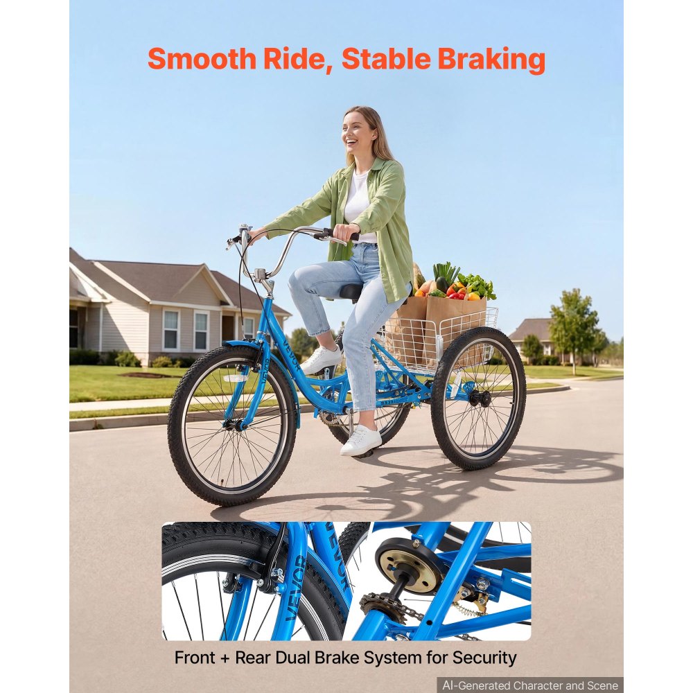 VEVOR Adult Tricycle 24 inch Trike for Adult 3 Wheel Cruiser Bike, with Cargo Basket, Adjustable Seat, and Double-Wall Wheel Rims, Carbon Steel Shopping Picnic Tricycles for Women, Men, Seniors