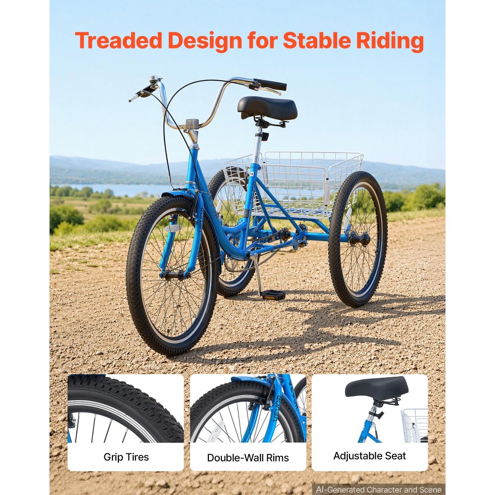 VEVOR Adult Tricycle 24 inch Trike for Adult 3 Wheel Cruiser Bike, with Cargo Basket, Adjustable Seat, and Double-Wall Wheel Rims, Carbon Steel Shopping Picnic Tricycles for Women, Men, Seniors