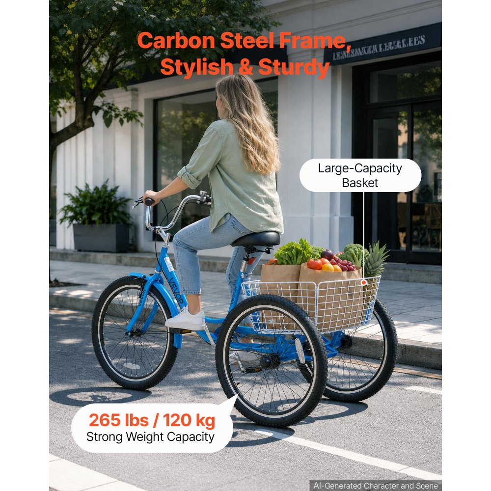 VEVOR Adult Tricycle 24 inch Trike for Adult 3 Wheel Cruiser Bike, with Cargo Basket, Adjustable Seat, and Double-Wall Wheel Rims, Carbon Steel Shopping Picnic Tricycles for Women, Men, Seniors