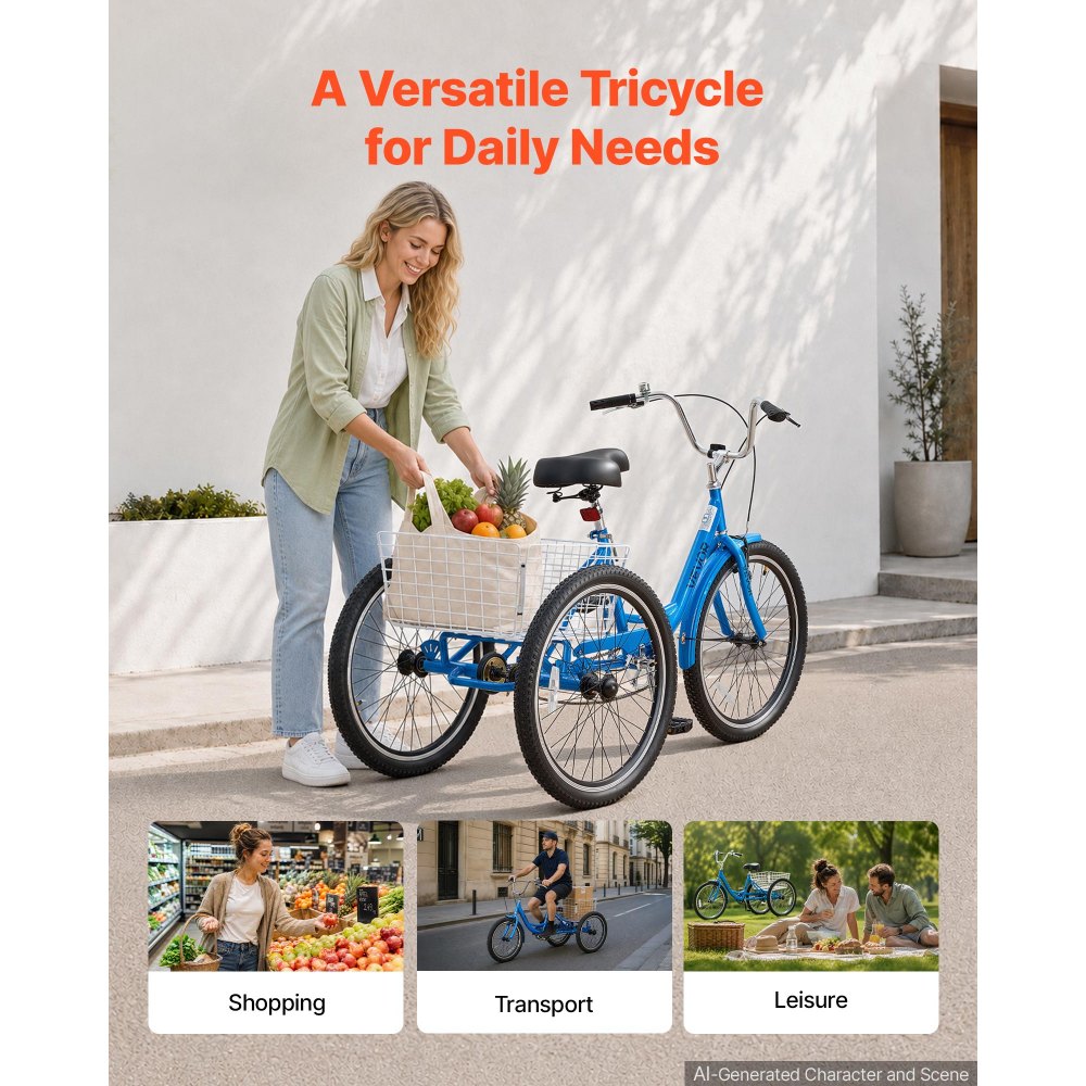 VEVOR Adult Tricycle 24 inch Trike for Adult 3 Wheel Cruiser Bike, with Cargo Basket, Adjustable Seat, and Double-Wall Wheel Rims, Carbon Steel Shopping Picnic Tricycles for Women, Men, Seniors