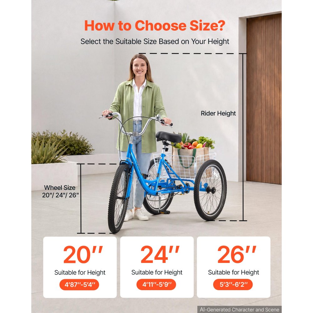 VEVOR Adult Tricycle 24 inch Trike for Adult 3 Wheel Cruiser Bike, with Cargo Basket, Adjustable Seat, and Double-Wall Wheel Rims, Carbon Steel Shopping Picnic Tricycles for Women, Men, Seniors