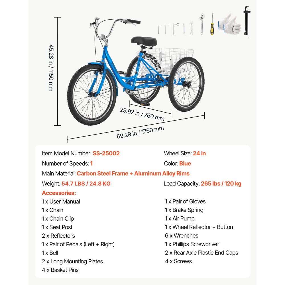 VEVOR Adult Tricycle 24 inch Trike for Adult 3 Wheel Cruiser Bike, with Cargo Basket, Adjustable Seat, and Double-Wall Wheel Rims, Carbon Steel Shopping Picnic Tricycles for Women, Men, Seniors