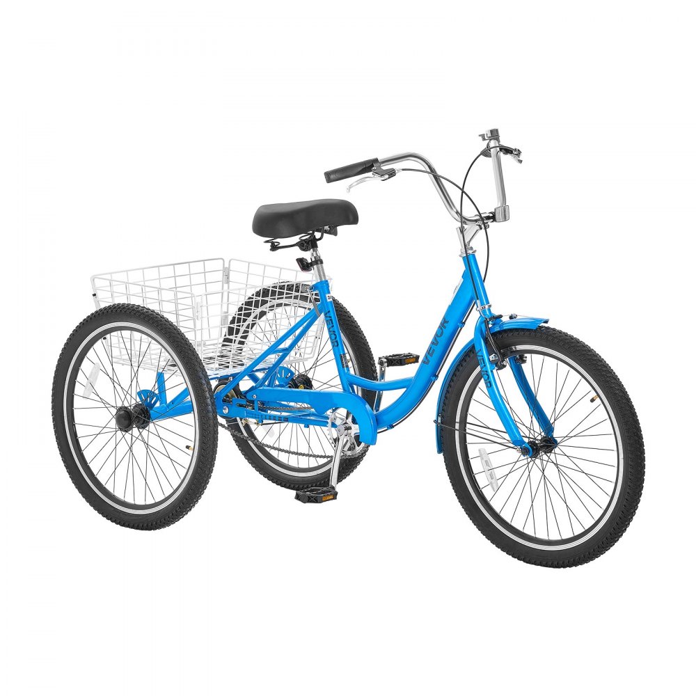 VEVOR Adult Tricycle 24 inch Trike for Adult 3 Wheel Cruiser Bike, with Cargo Basket, Adjustable Seat, and Double-Wall Wheel Rims, Carbon Steel Shopping Picnic Tricycles for Women, Men, Seniors