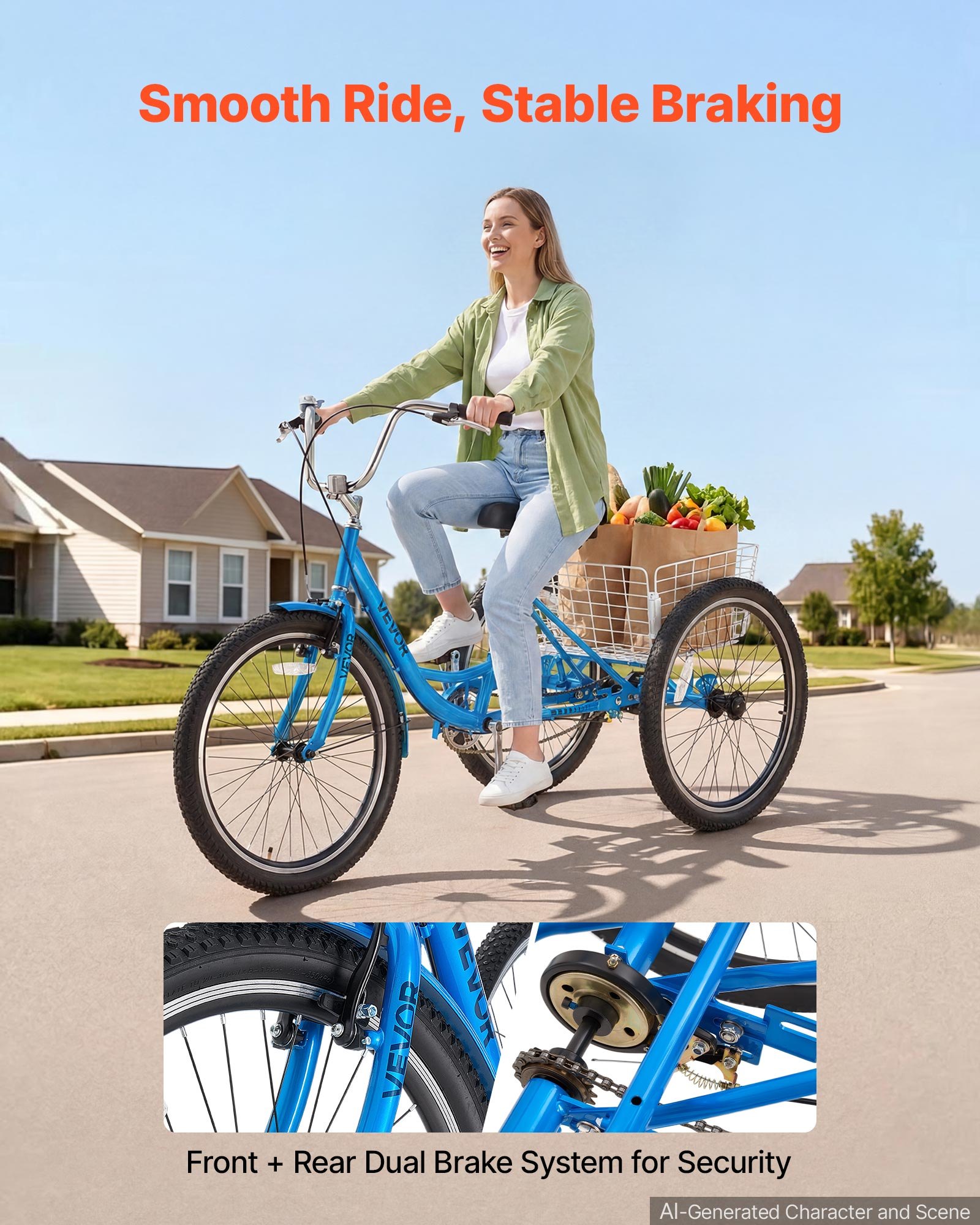 VEVOR Adult Tricycle 24 inch Trike for Adult 3 Wheel Cruiser Bike, with Cargo Basket, Adjustable Seat, and Double-Wall Wheel Rims, Carbon Steel Shopping Picnic Tricycles for Women, Men, Seniors