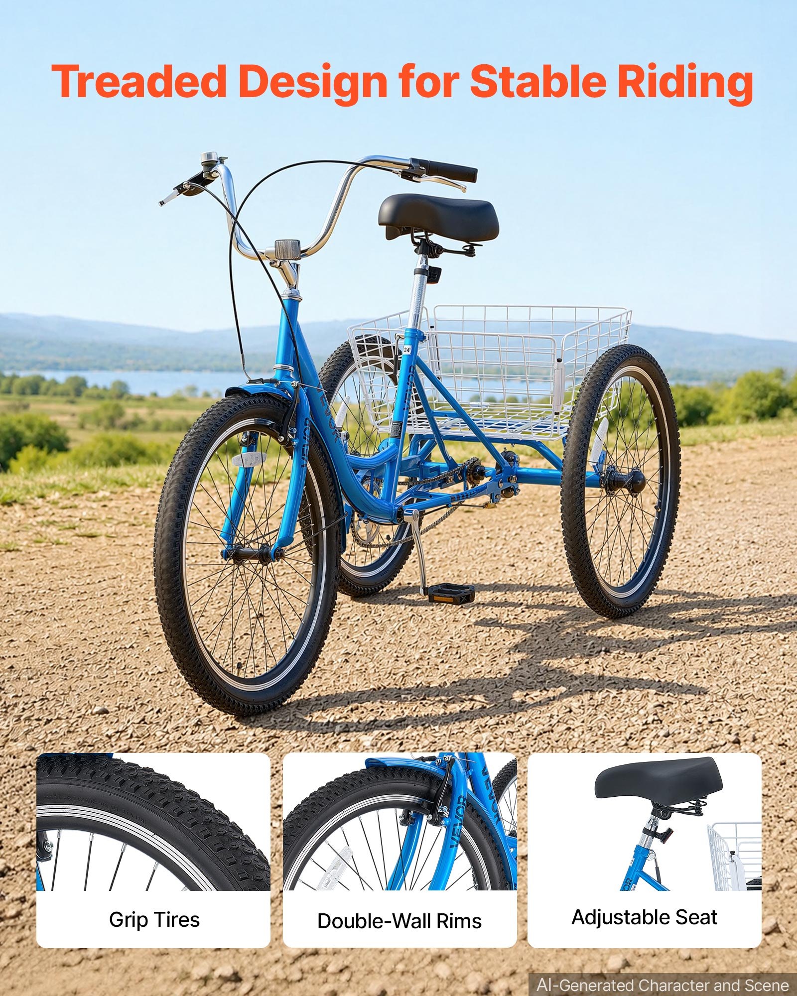 VEVOR Adult Tricycle 24 inch Trike for Adult 3 Wheel Cruiser Bike, with Cargo Basket, Adjustable Seat, and Double-Wall Wheel Rims, Carbon Steel Shopping Picnic Tricycles for Women, Men, Seniors