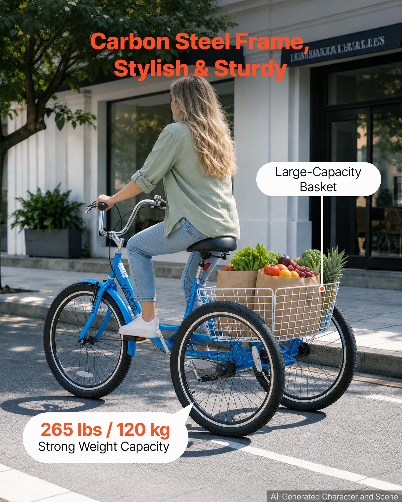 VEVOR Adult Tricycle 24 inch Trike for Adult 3 Wheel Cruiser Bike, with Cargo Basket, Adjustable Seat, and Double-Wall Wheel Rims, Carbon Steel Shopping Picnic Tricycles for Women, Men, Seniors