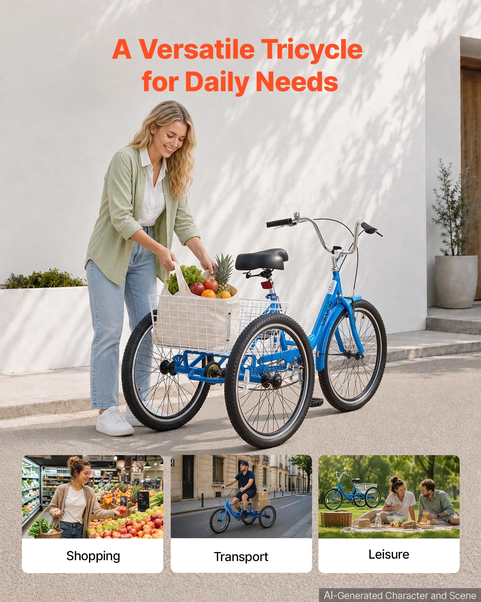 VEVOR Adult Tricycle 24 inch Trike for Adult 3 Wheel Cruiser Bike, with Cargo Basket, Adjustable Seat, and Double-Wall Wheel Rims, Carbon Steel Shopping Picnic Tricycles for Women, Men, Seniors