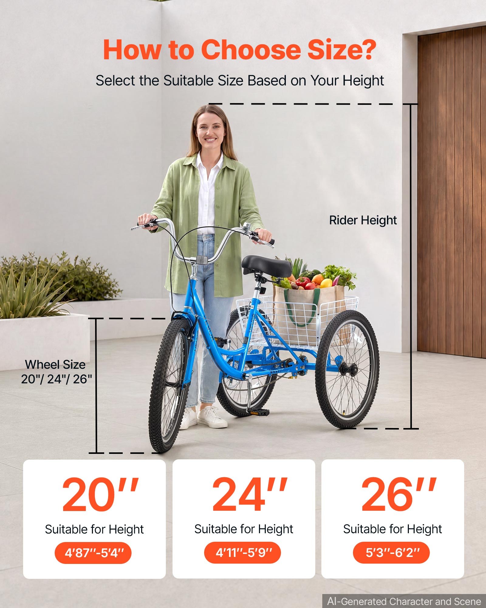 VEVOR Adult Tricycle 24 inch Trike for Adult 3 Wheel Cruiser Bike, with Cargo Basket, Adjustable Seat, and Double-Wall Wheel Rims, Carbon Steel Shopping Picnic Tricycles for Women, Men, Seniors
