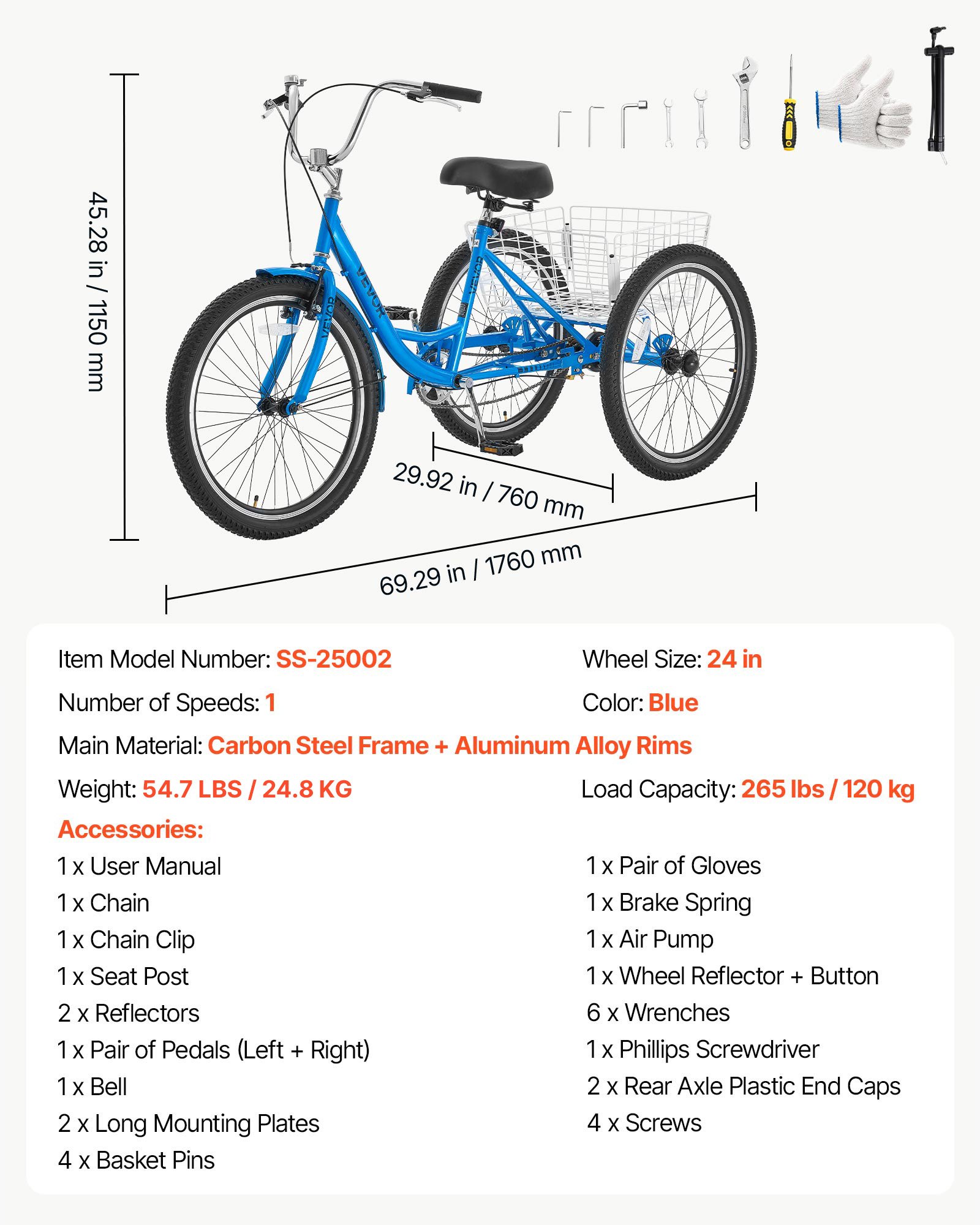 VEVOR Adult Tricycle 24 inch Trike for Adult 3 Wheel Cruiser Bike, with Cargo Basket, Adjustable Seat, and Double-Wall Wheel Rims, Carbon Steel Shopping Picnic Tricycles for Women, Men, Seniors