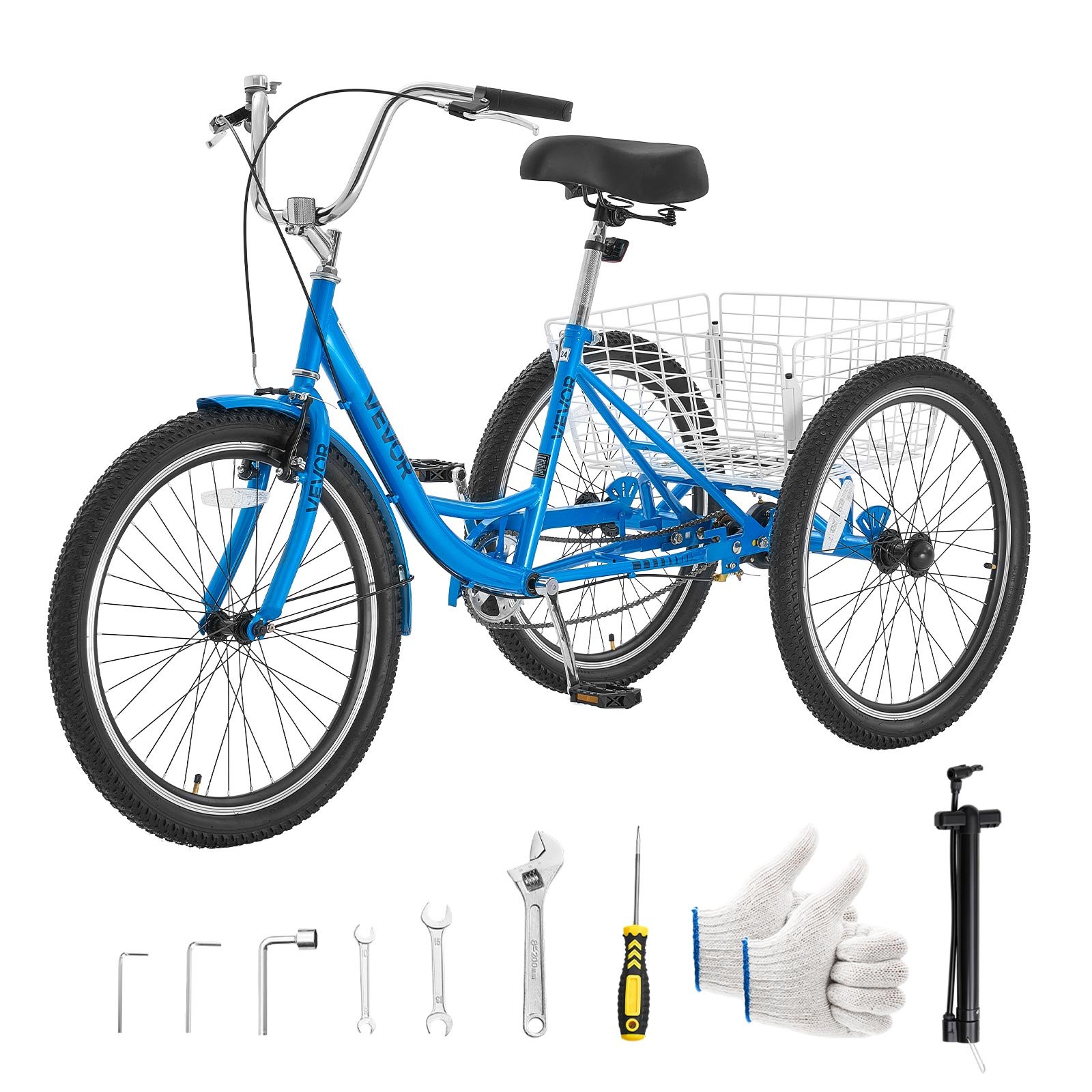 VEVOR Adult Tricycle 24 inch Trike for Adult 3 Wheel Cruiser Bike, with Cargo Basket, Adjustable Seat, and Double-Wall Wheel Rims, Carbon Steel Shopping Picnic Tricycles for Women, Men, Seniors