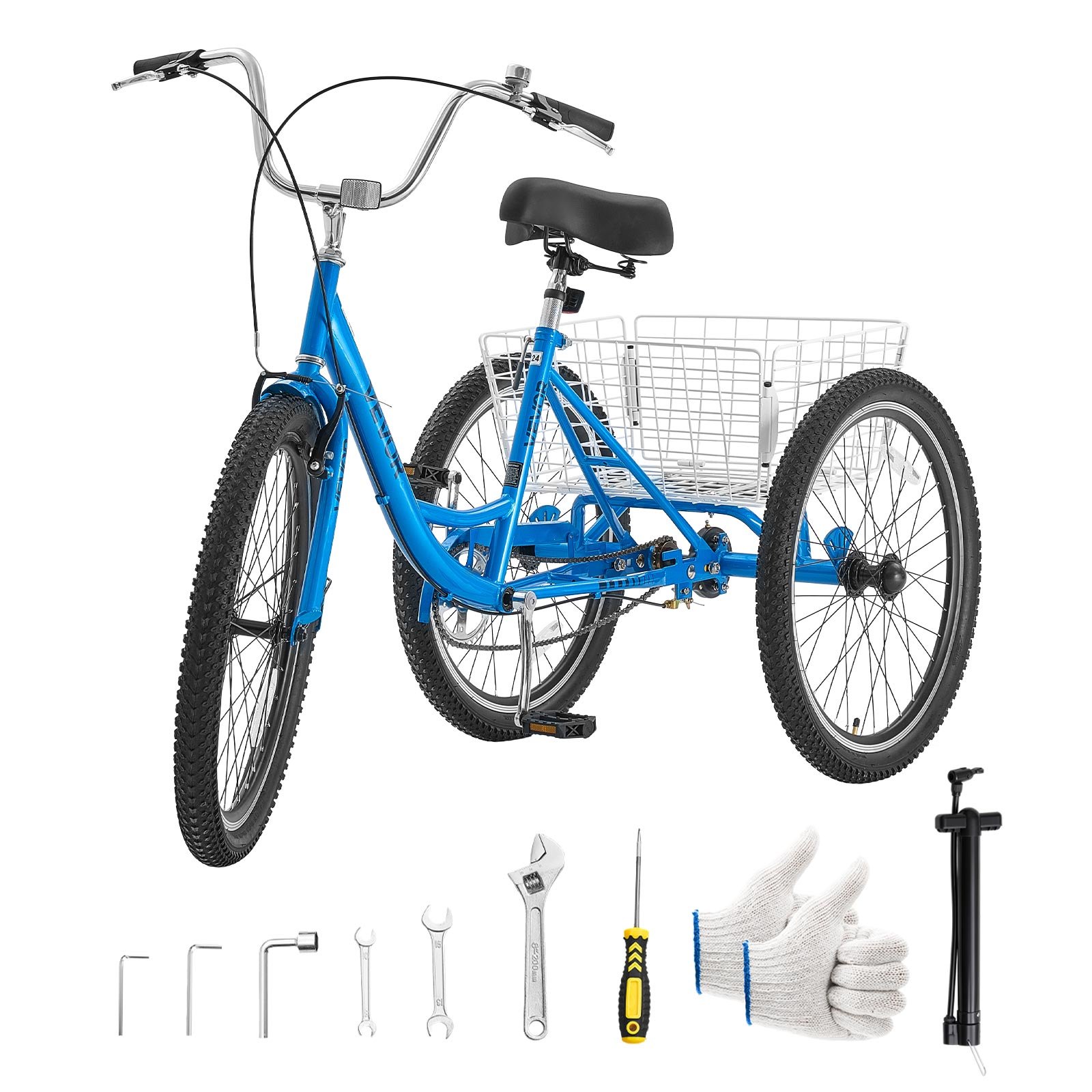 VEVOR Adult Tricycle 24 inch Trike for Adult 3 Wheel Cruiser Bike, with Cargo Basket, Adjustable Seat, and Double-Wall Wheel Rims, Carbon Steel Shopping Picnic Tricycles for Women, Men, Seniors