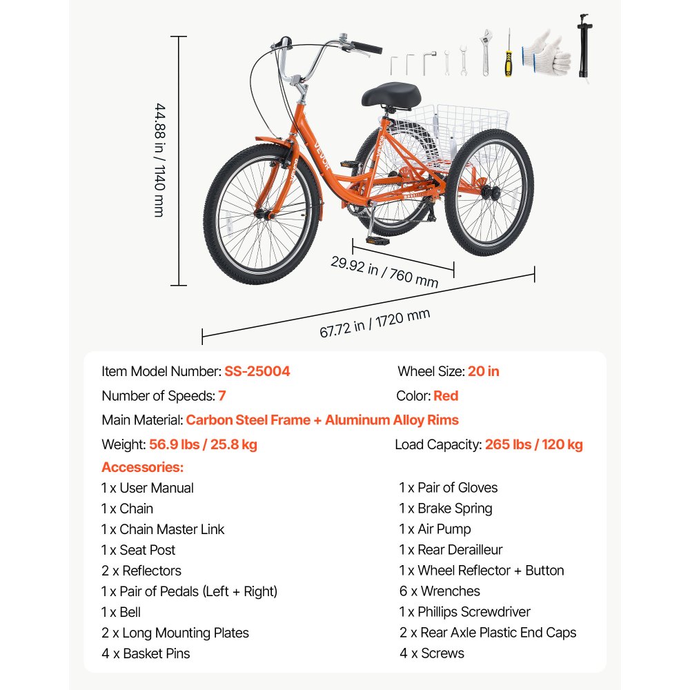 VEVOR Adult Tricycle 24 inch 7 Speed Trikes for Adult 3 Wheel Cruiser Bike, w/ Cargo Basket, Adjustable Seat, and Double-Wall Wheel Rims, Carbon Steel Shopping Tricycles for Women, Men, Senior (Red)