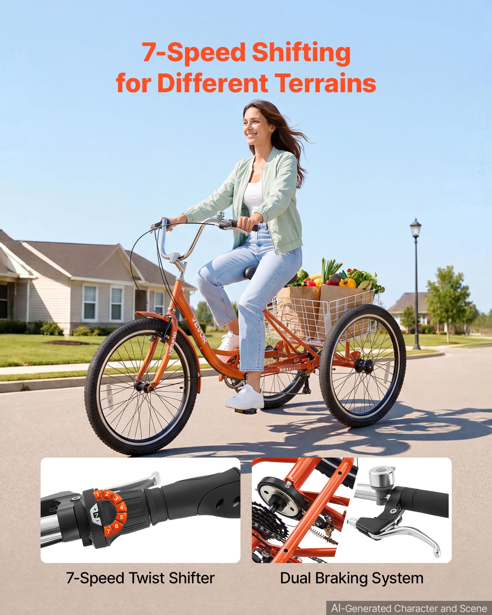 VEVOR Adult Tricycle 24 inch 7 Speed Trikes for Adult 3 Wheel Cruiser Bike, w/ Cargo Basket, Adjustable Seat, and Double-Wall Wheel Rims, Carbon Steel Shopping Tricycles for Women, Men, Senior (Red)